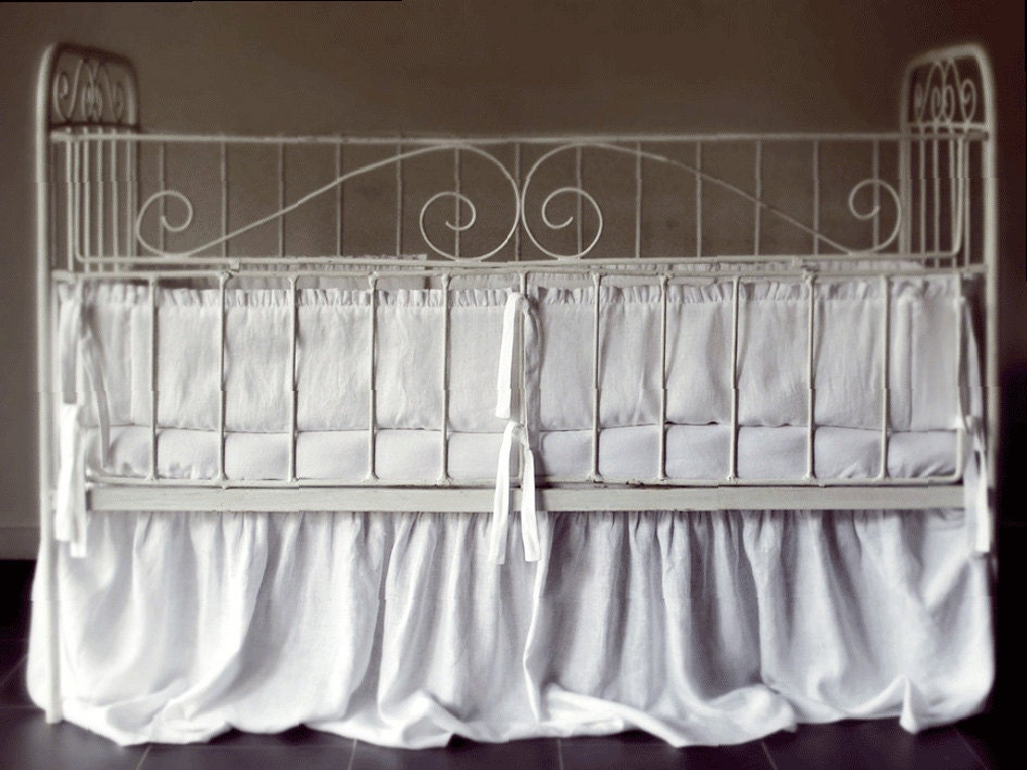 Full linen crib set of 7 with ruffles Bumper, gathered skirt, fitted sheet, blanket, pillow, duvet and pillow covers by Lovely Home Idea