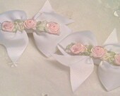 Girls Hair Bow White Pink Baby lined alligator clip Silk French Ribbon Trim 2 per Set