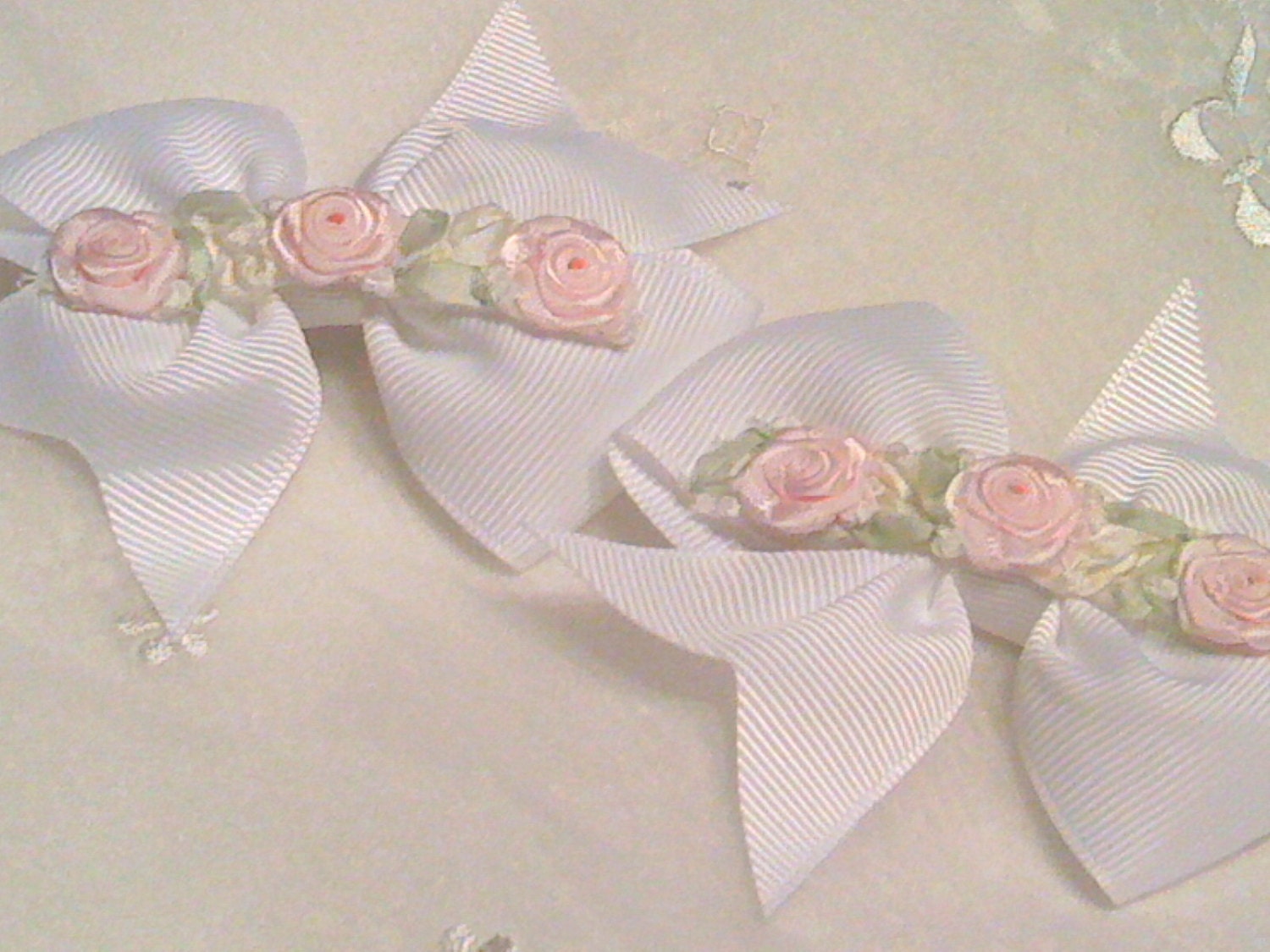 Girls Hair Bow White Pink Baby lined alligator clip Silk French Ribbon Trim 2 per Set