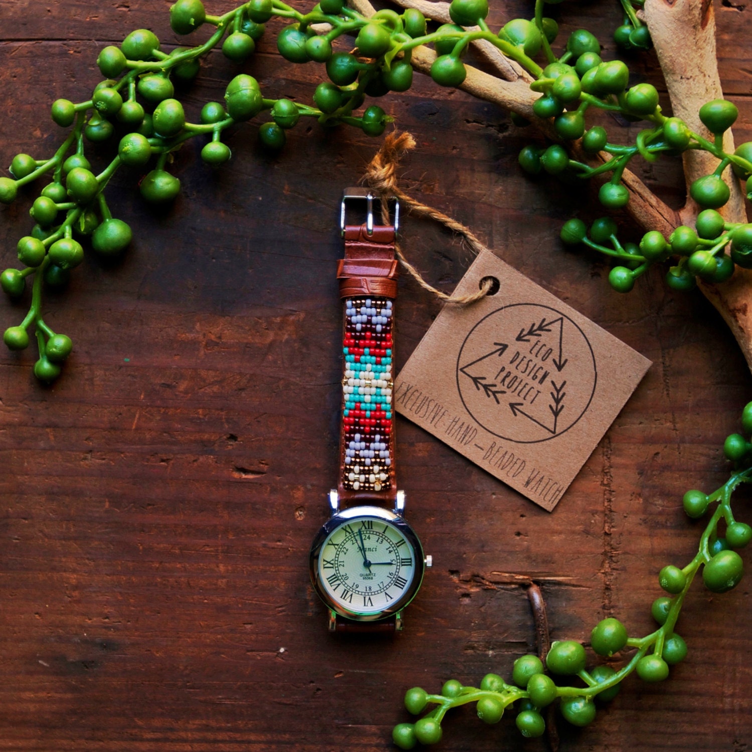 Free shipping US,Native American inspired hand-beaded watch.brown,leather,handmade,hippie,boho,hipster