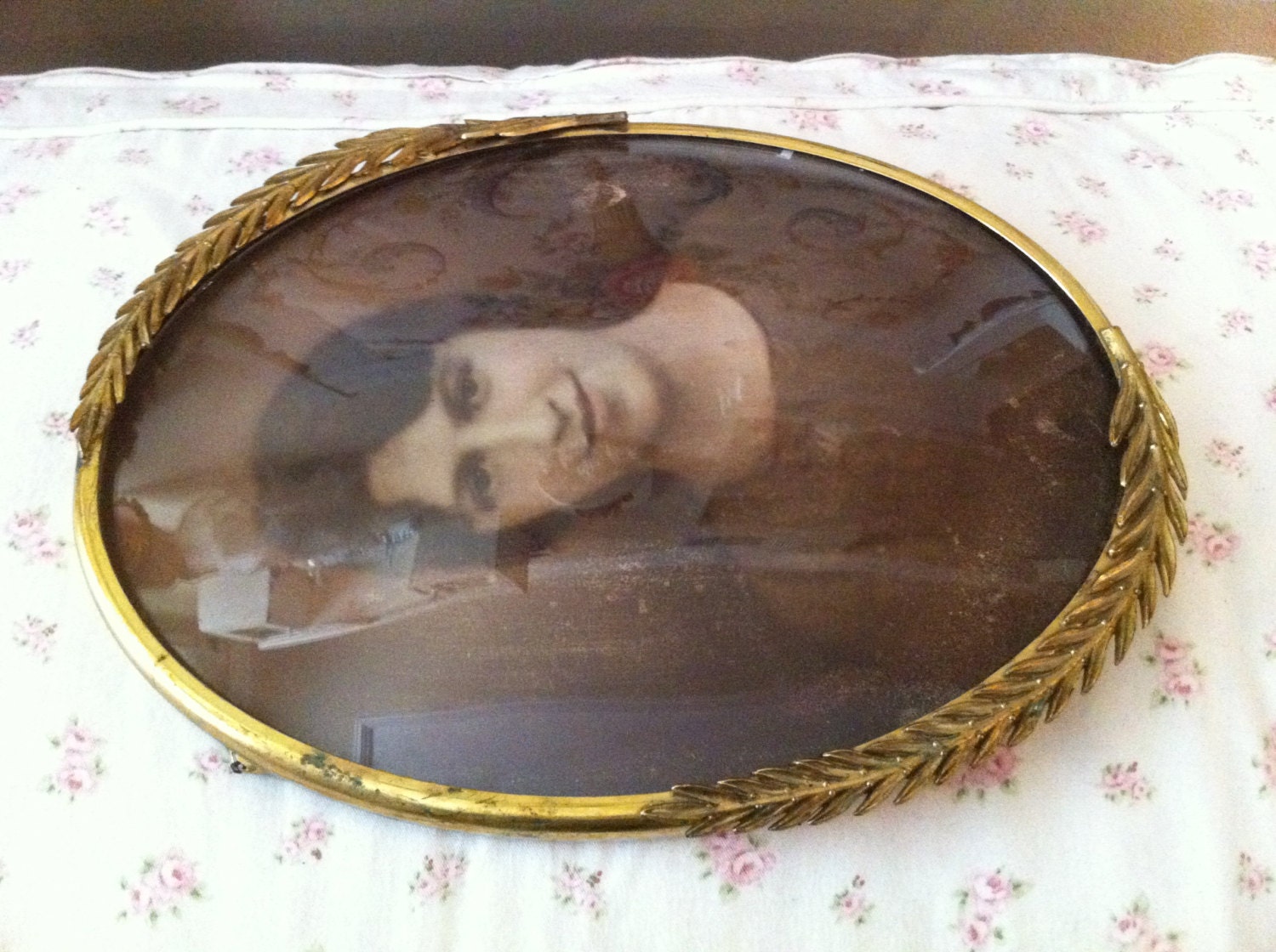 Antique Photo of Lady in a Oval Convex Bubble Glass Metal Brass Frame Wall Hanging - Farmhouse Chic - Cottage Decor
