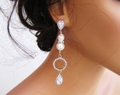 Bridal earrings, long dangle pearl earrigns, wedding earrings, multi-layered pearl with hoop & tear drop cz on sterling silver post.
