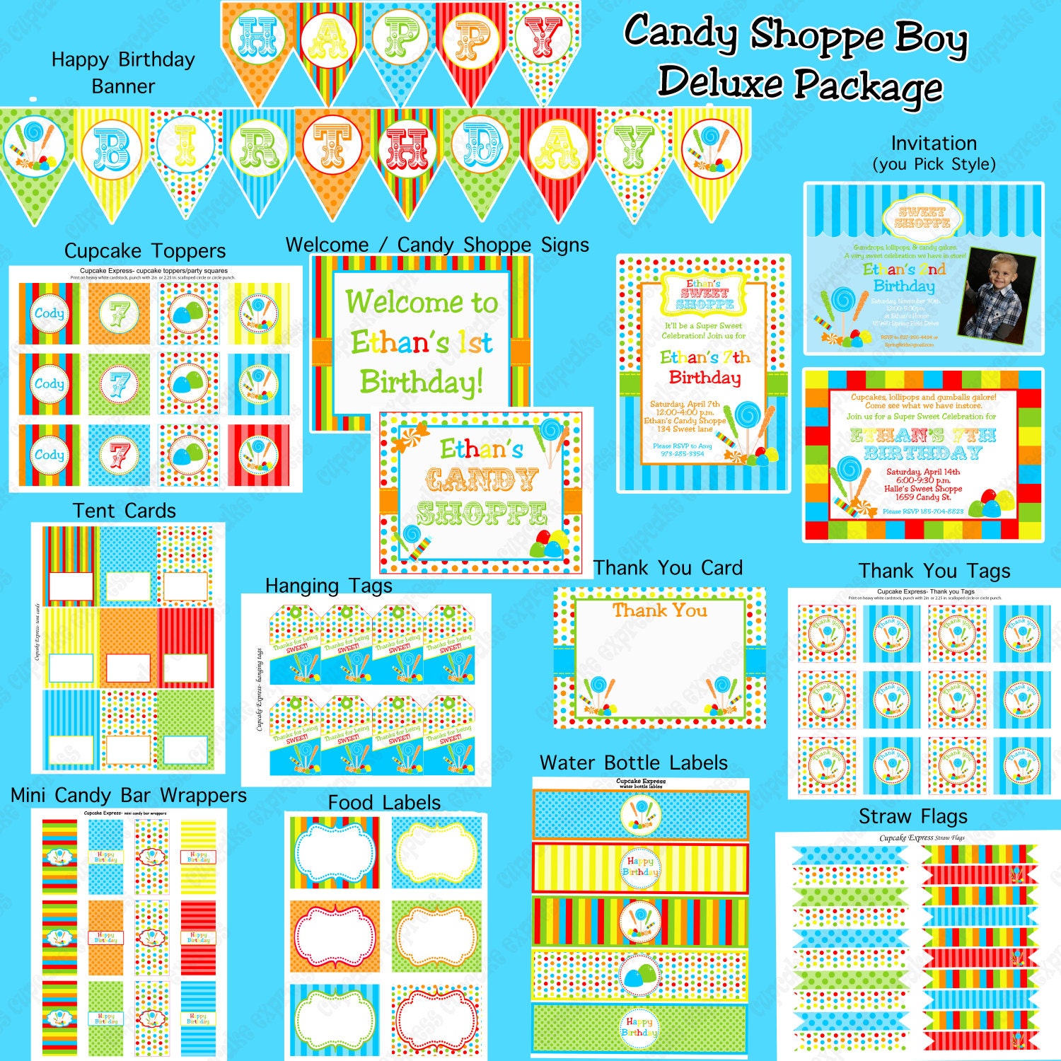 DIY Deluxe CANDY SHOPPE Boy Birthday Party Printable Package blue lime green yellow red orange Il_570xn
