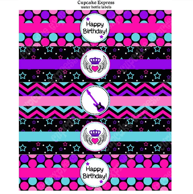 INSTANT DOWNLOAD diy Rockstar Girl Birthday Party PRINTABLE Water Bottle Labels pink teal purple black guitar rock star Il_570xn