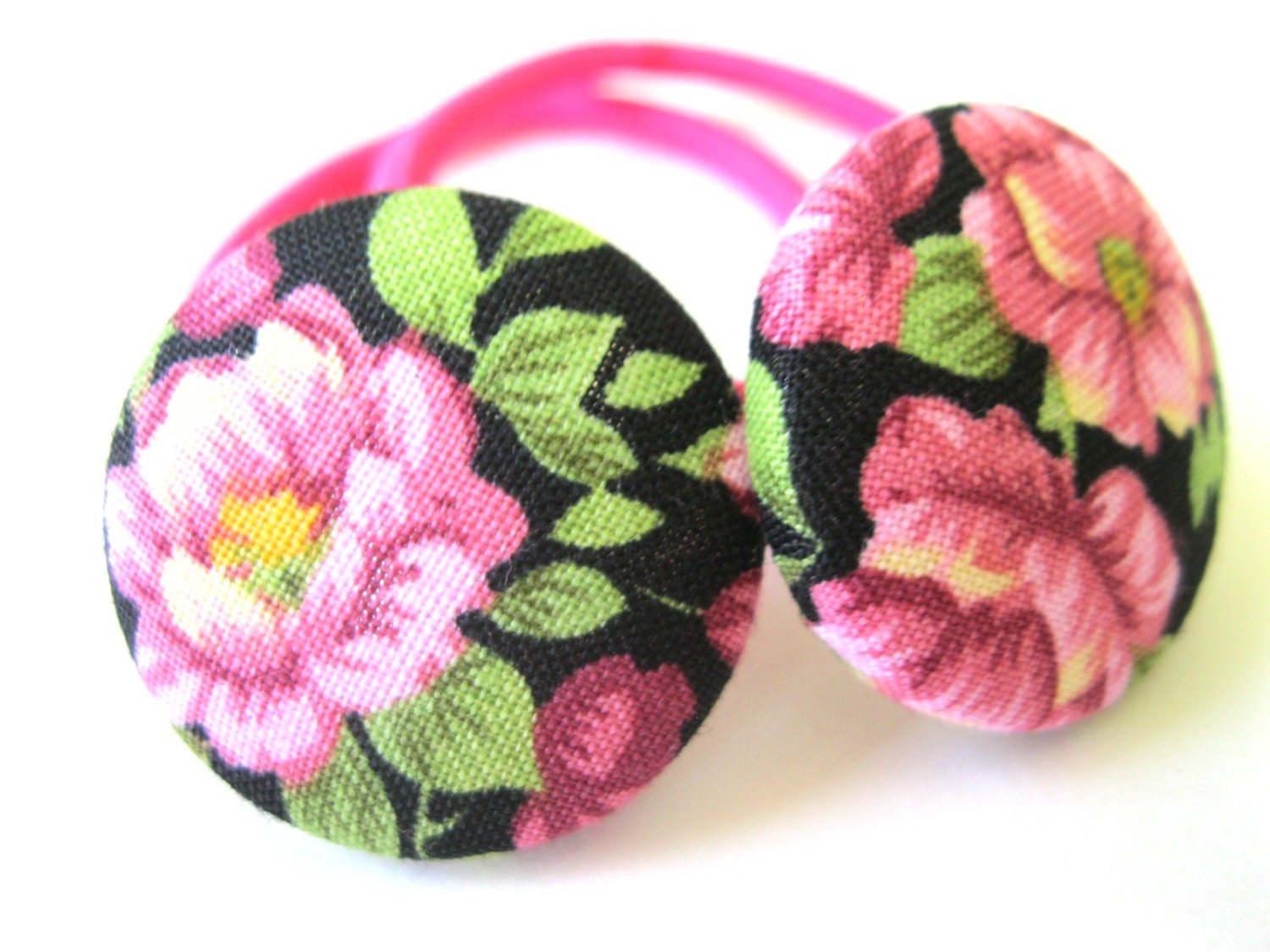 Retro Roses Ponytail holders : Set of Two Covered Button Pony Elastics - Pink Floral 80s Print