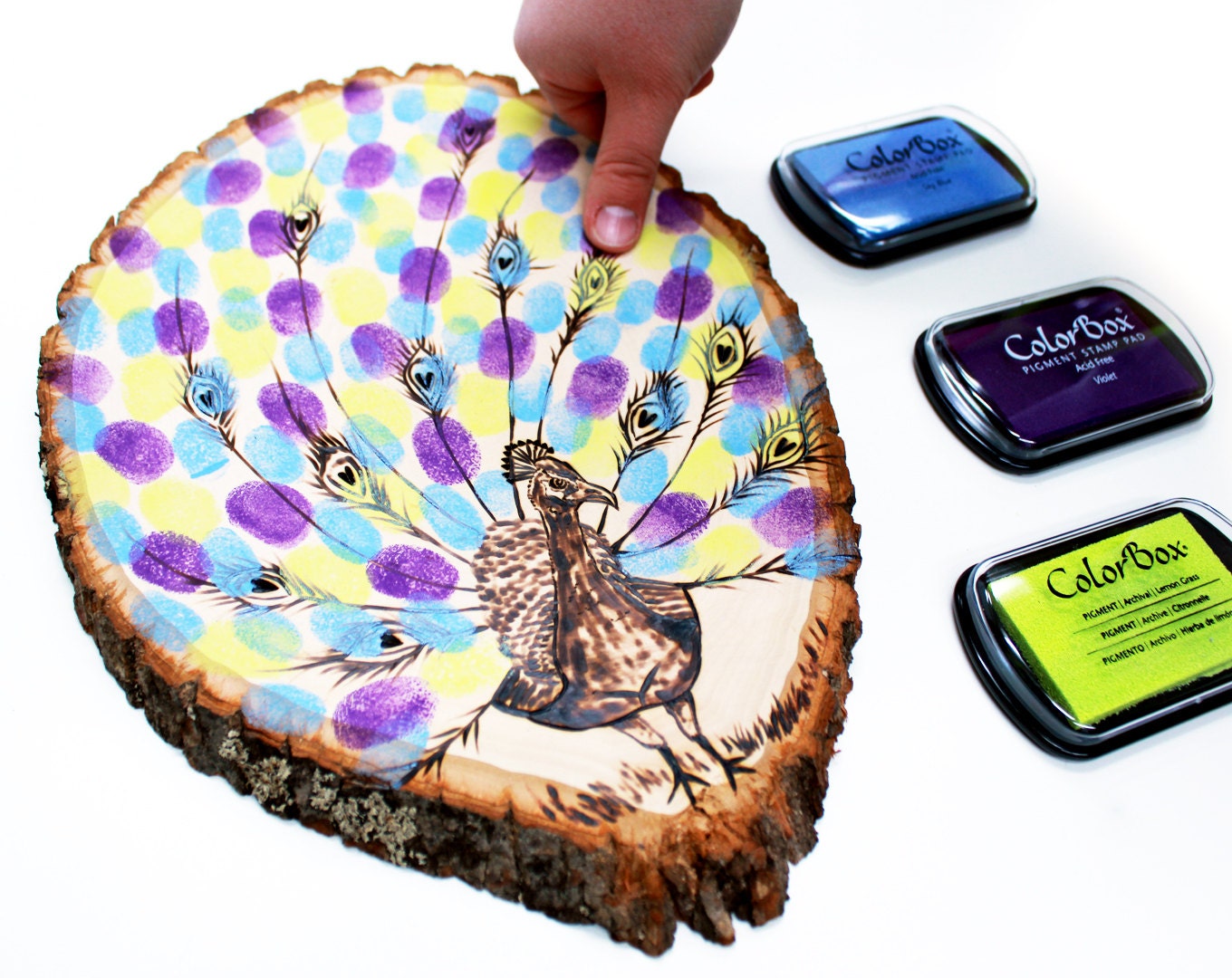 Peacock Fingerprint Guestbook Design: Wood slice rustic theme wedding guest books. Personalized