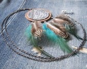 Dream Catcher Necklace - leather pendant necklace, dream catcher, feather necklace, bohemian jewelry, boho chic, handmade, turquoise