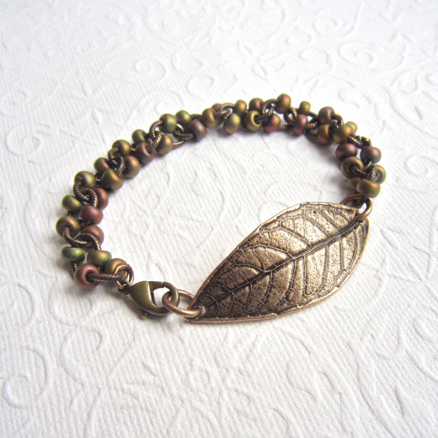 Bronze leaf bracelet, beaded bronze, Nature jewellery, Handmade bracelet