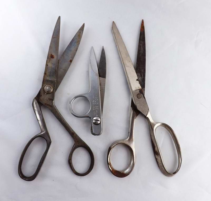 3 Vintage Sewing Scissors Silver Color Gold Seal by azsunshine51