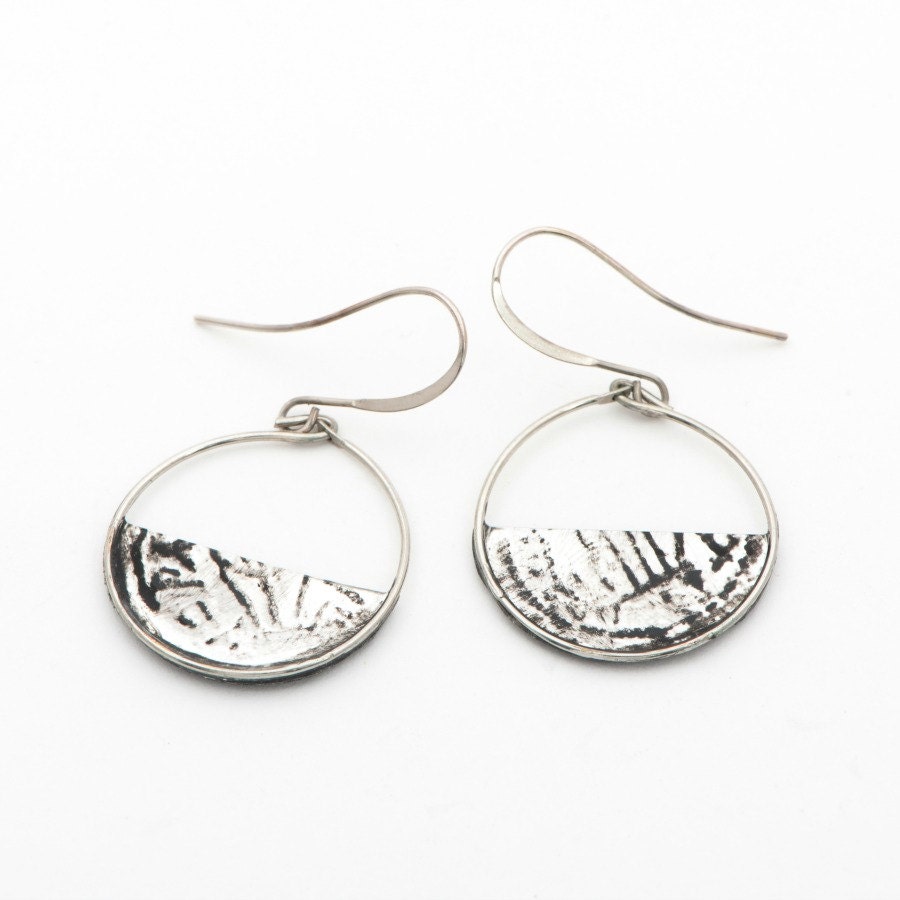 Antique Style Drop Earrings, Half Moon Earrings, Paper jewelry, Shiny Silver Dangle Earrings