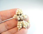 Vintage Poodle Dog Pin Faux Pearls RhInestone Eyes Red Baguette Collar 1960s