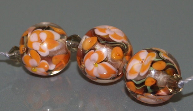 Double Encased Coral & White Florals Handmade Lampwork Glass Beads SRA FHFteamY3 CPteam  British Seller GBUK