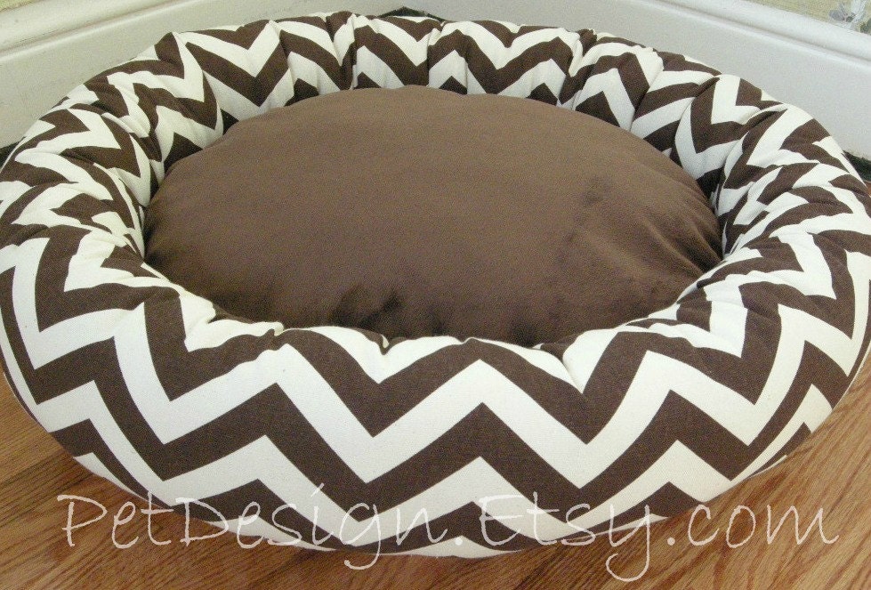 READY-to-SHIP  -  One-Piece 15" - Dog Bed - Cat Bed - Brown & Natural Zig Zag, Chevron with Soft Minky Fleece