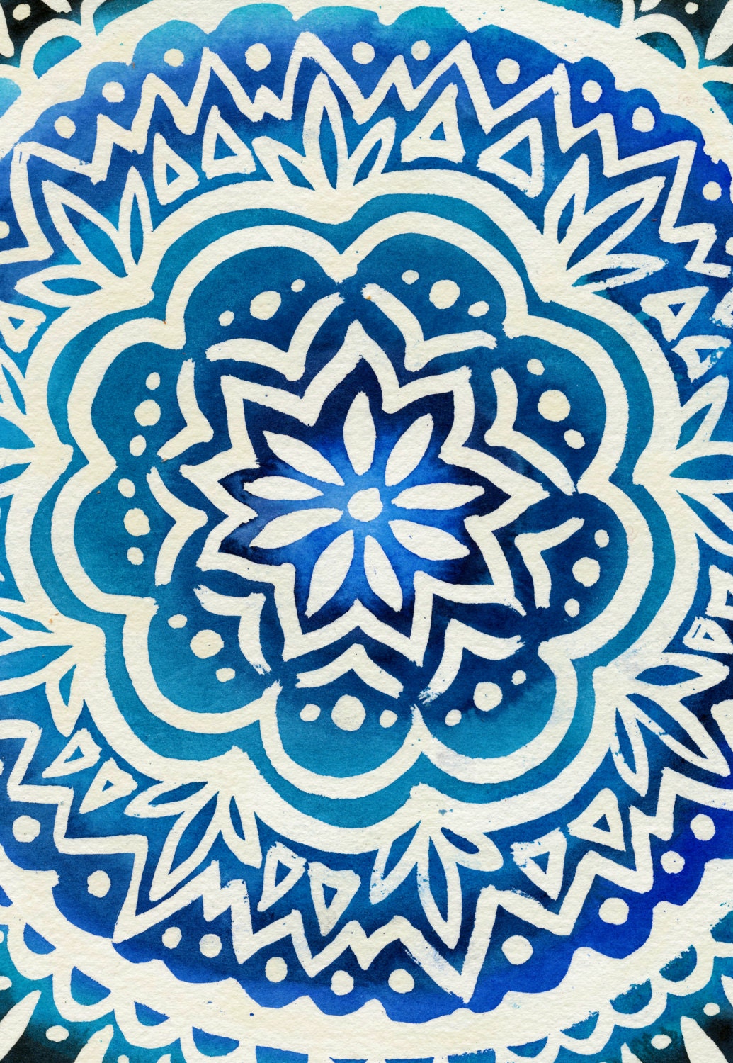 Bodhisattva Blue Print (Psychedelic Navy Cobalt Ultramarine and Pure White Buddhist Spiritual Watercolor Painting)