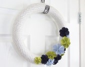 Spring Yarn Wreath. Chartreuse Green and Navy Blue Felt Flowers. Wreath Felt Flowers for Spring Easter Wreath.
