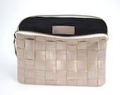 Woven Leather Zip Around Purse in Nude and Metallic Silver Stripes