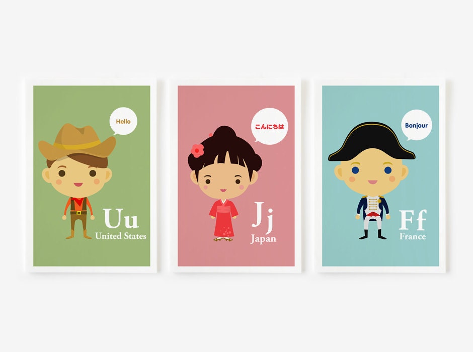 Children Decor Alphabet A-Z Children Of The World Flash Cards Color Background, Kids Wall Art,  Nursery Art Print - set of 26