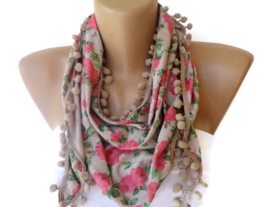 girly scarf, women fashion accessories , pink green beige floral print scarf with pom pom trim , for her