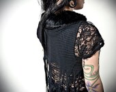 Black Cotton, Fishnet, Recycled Rabbit Fur Collar Tattered and Torn Tassle Vest