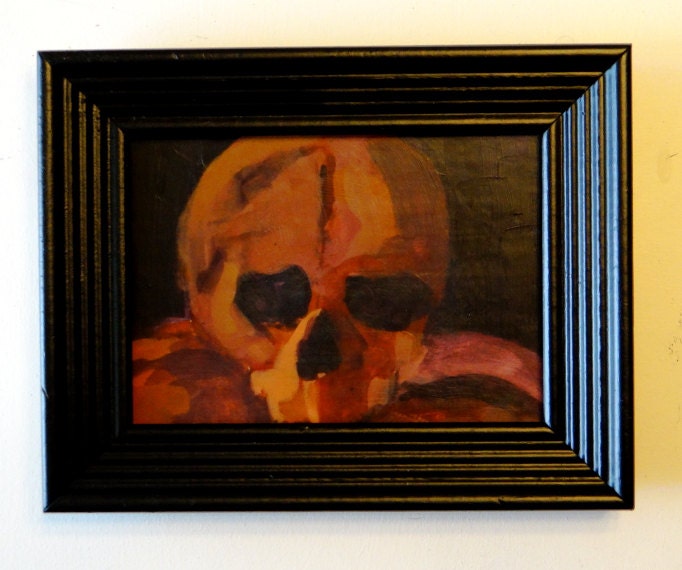 Modern Skull Print - Hand Altered Digital Art Print - Size 5x7 - Wood Mounted Print - Red and Orange Skull Art - One of a Kind - Handmade