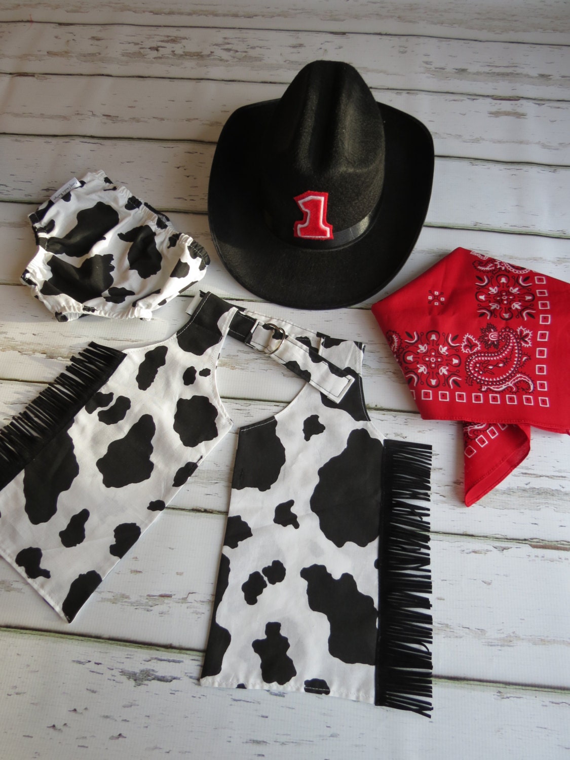 Baby Boy / Toddler Party Set in Cow Hide Diaper Cover Chaps Red Bandana and Cowboy Hat Cake Smash outfit
