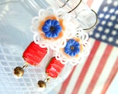 4th of July Earrings, Retro Earrings, Red White Blue Earrings, Patriotic Earrings, Memorial Day, Vintage 4th of July, Shabby Chic Earrings
