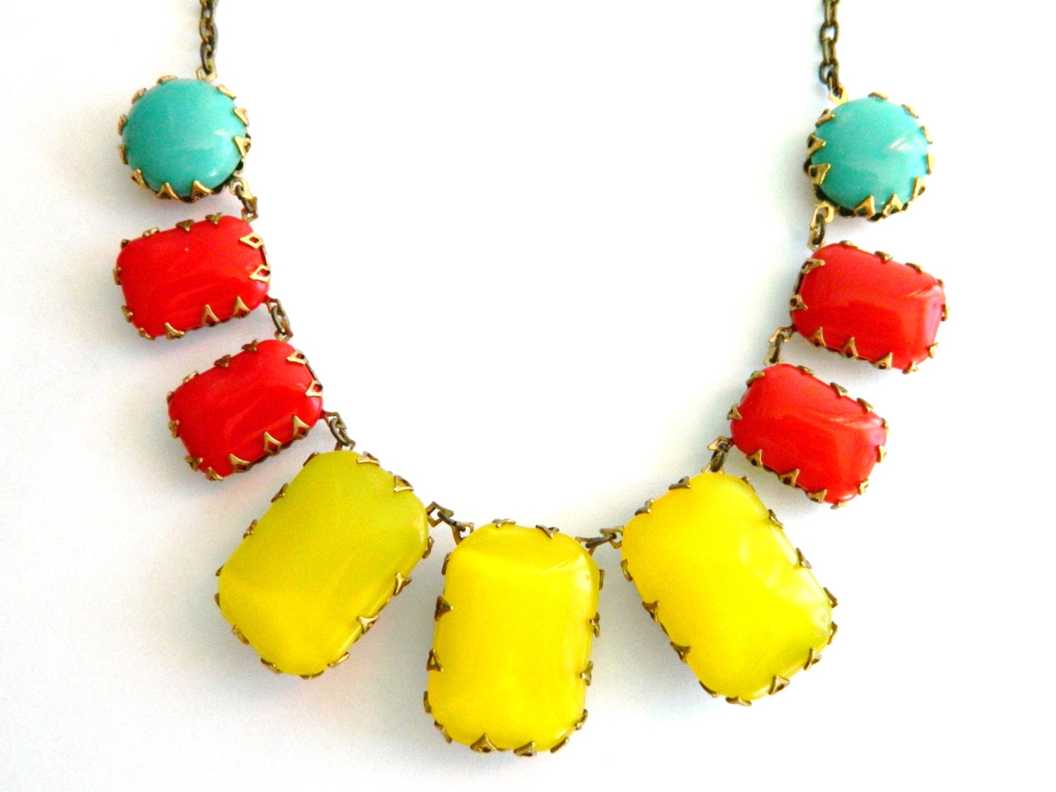 Red Turquoise and Yellow Necklace, Mid Century Necklace, Statement Necklace, Vintage Summer Necklace, Geometric Necklace, Retro Mod Jewelry