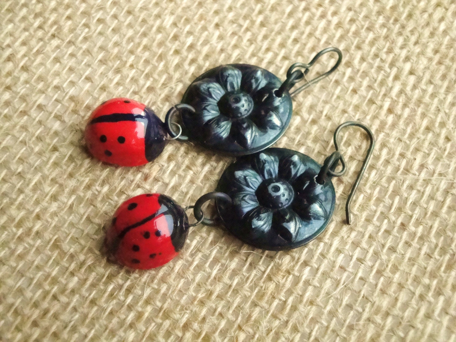 Ladybug Vintaj Black Red Flower Earrings