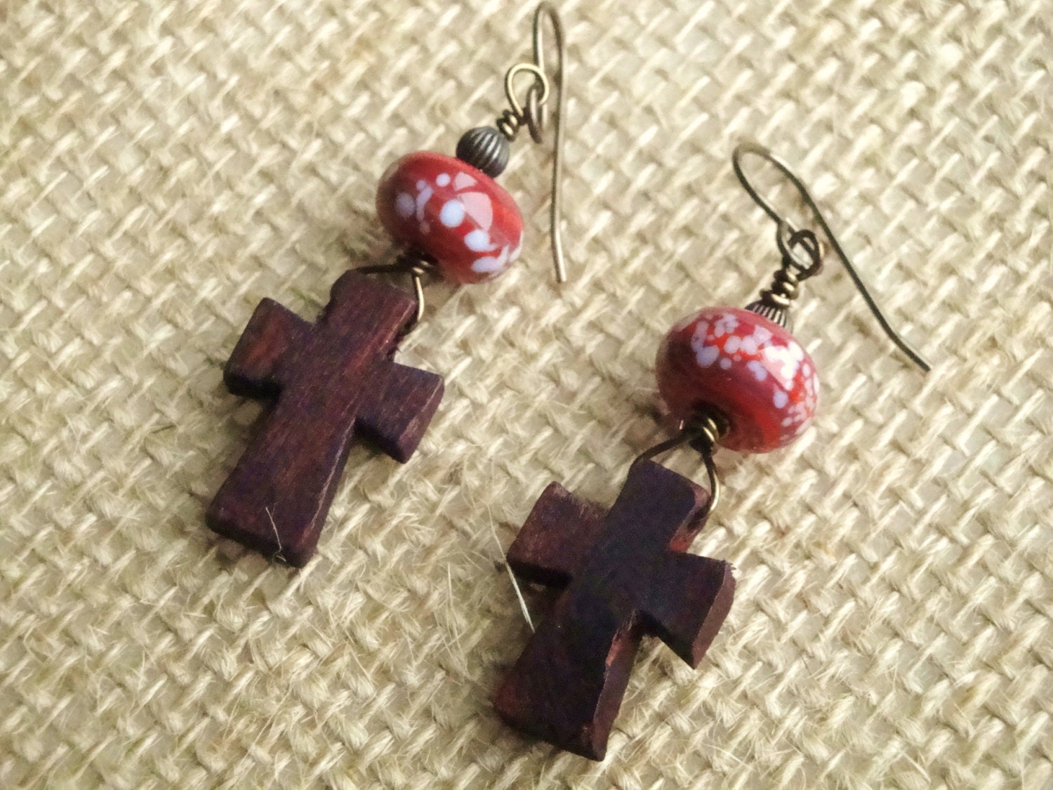 Wood cross artisian glass Vintaj Brass earrings