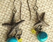 Vintaj Brass Starfish Pearl Swavorski Crystal Beach Earrings