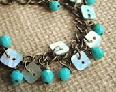 Mint Shell Button Bronze Czech Glass Charm Bracelet