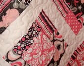 FREE SHIPPING  Pink Zoology from Michael Miller-Fun- Modern - Pink Damask -Baby Quilt with Pink Houndstooth flannel backing.