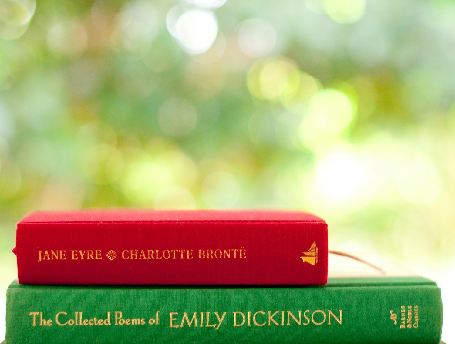 Emerald Green Home Decor - Jane Eyre and Emily Dickinson book art - Red wall art with bokeh - 8 x 10 print
