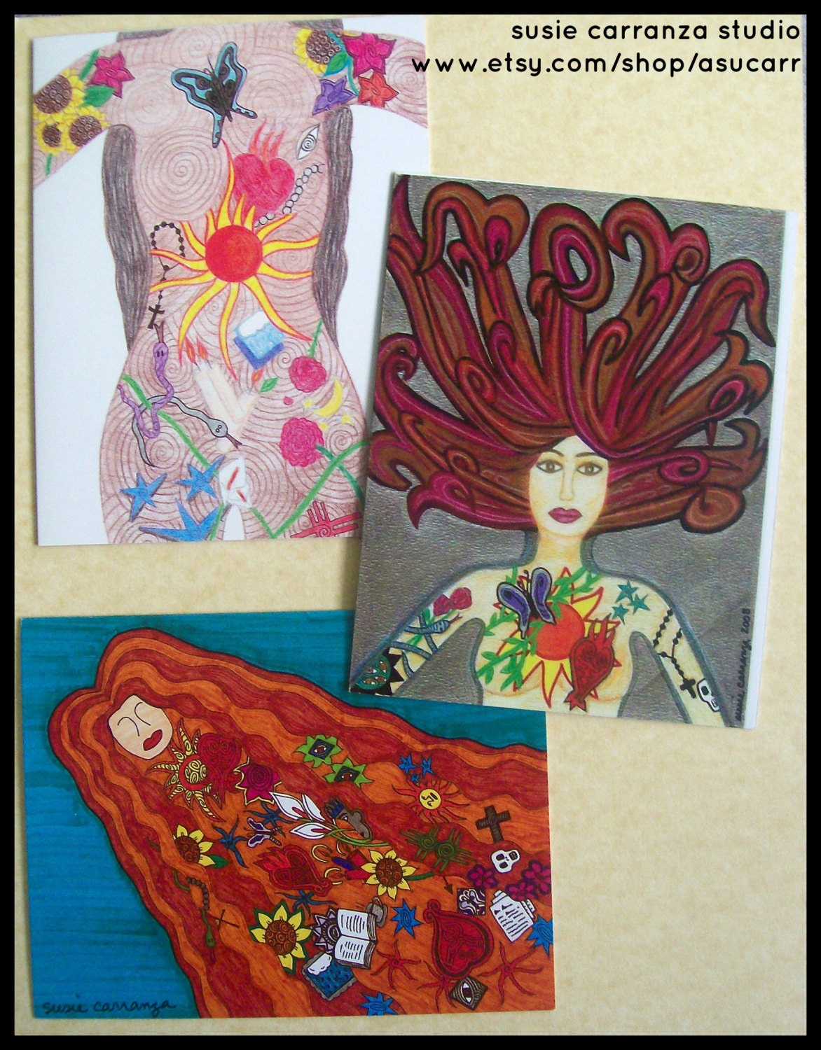 Women - set of 3 greeting cards with 3 different images of original artwork by Susie Carranza. Envelopes included.
