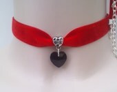 Large BLACK Glass HEART Charm Pendant  -  RED Velvet Ribbon Choker Necklace -qu... or choose another colour velvet or heart :)
