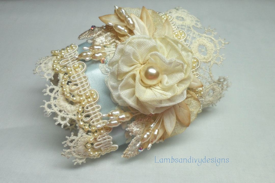 Marie Antoinette French Blue Wrist Cuff Lace And Ribbonwork Bracelet