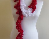 hand crocheted ruffled scarf hot red white
