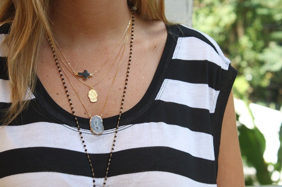 Sideways Cross Gemstone Necklace - Black, Turquoise, White Pearl
