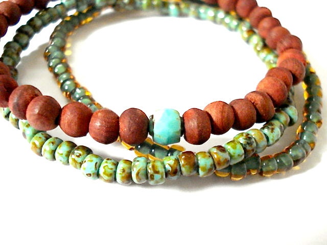 Olivewood Mala Bracelet Set, Olivewood, Czech Glass, Set of 3 Yoga Bracelets
