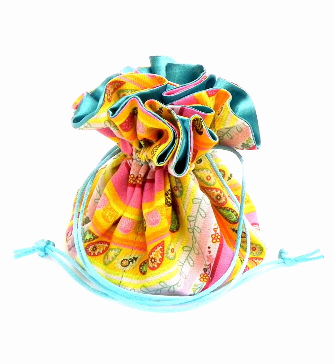 Drawstring Jewelry Pouch - Turquoise, yellow, mint, orange and pink floral travel bag