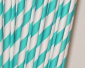 50 Paper Straws Aqua Teal Striped  - Wedding, Birthday, Cupcake Toppers, Cake Pop Sticks - MADE IN USA