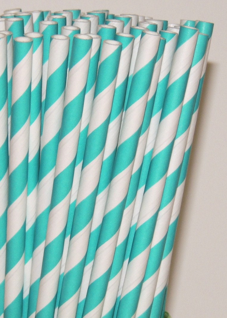 50 Paper Straws Aqua Teal Striped - Wedding, Birthday, Cupcake Toppers, Cake Pop Sticks - MADE IN USA