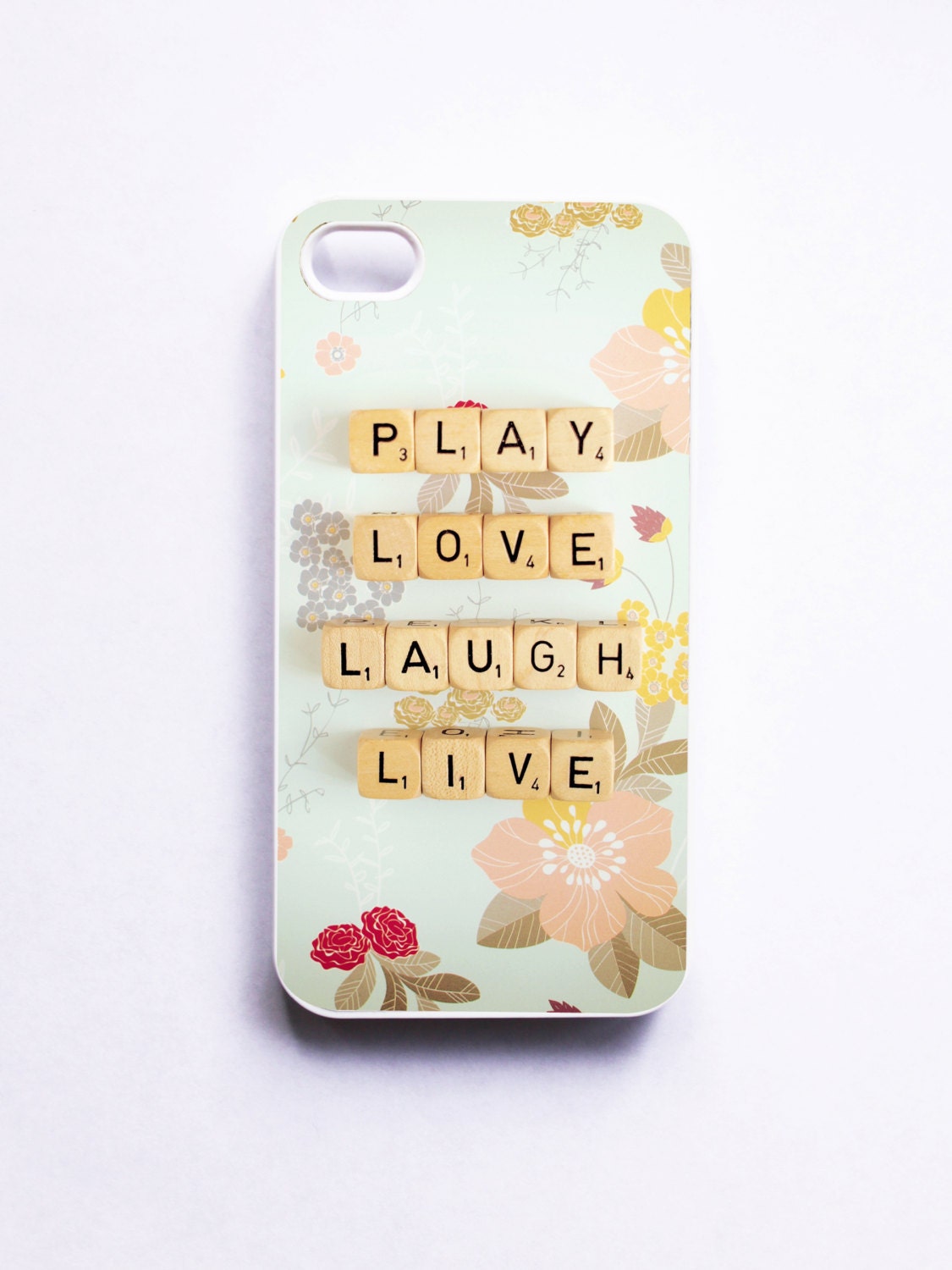 iPhone Case: Play Love Laugh Live. White Case. Scrabble Blocks. Blue Floral. READY-TO-SHIP