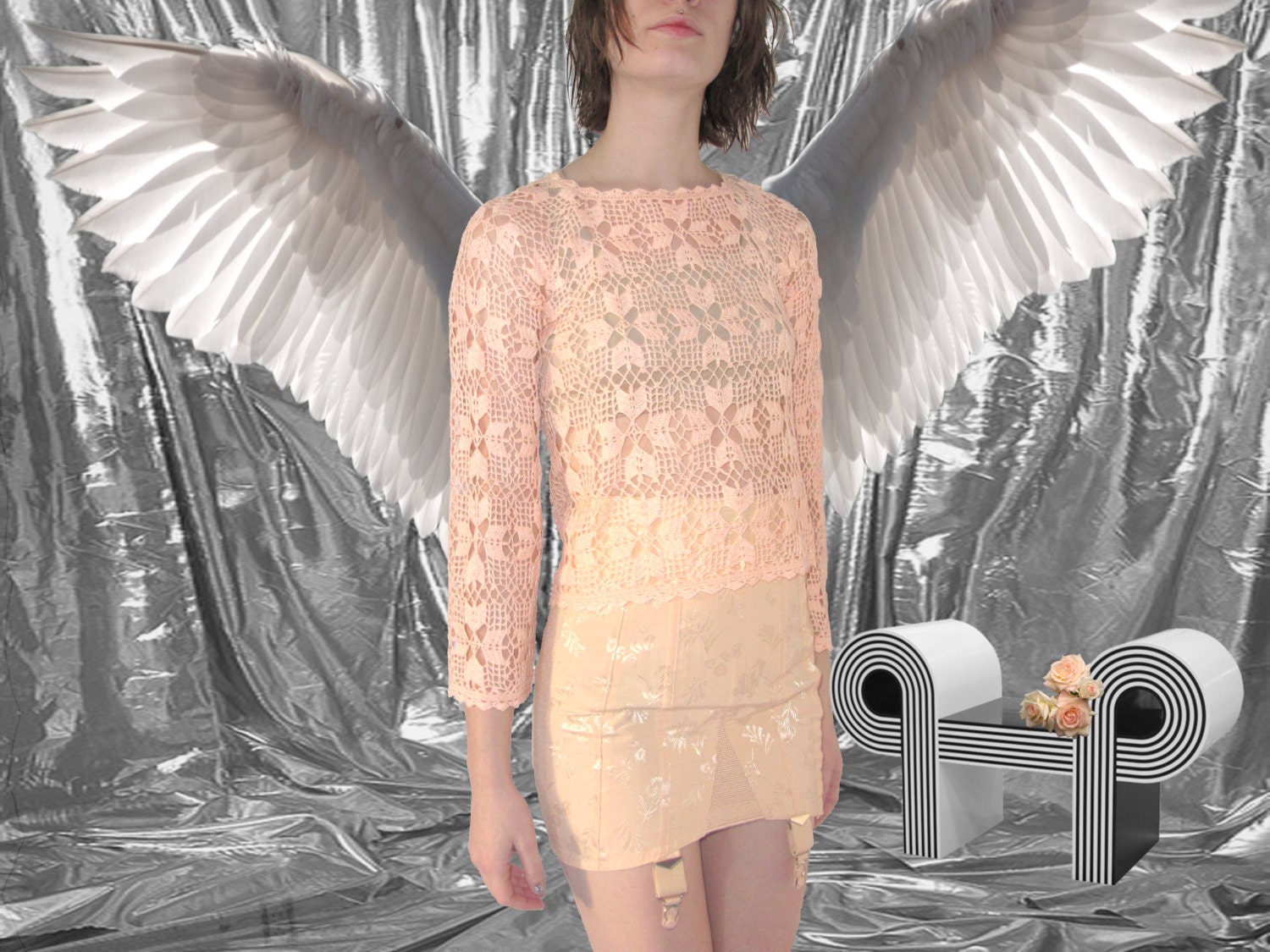 peach knit macrame shirt S