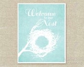 Welcome to Our Nest Spring Home Decor Sign - Typographic Easter Digital Art Print Aqua Blue