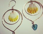 Hawaiian Sunrise Shell Earrings 14K gold Filled wire wrapped Hoops Hammered with Beach Glass