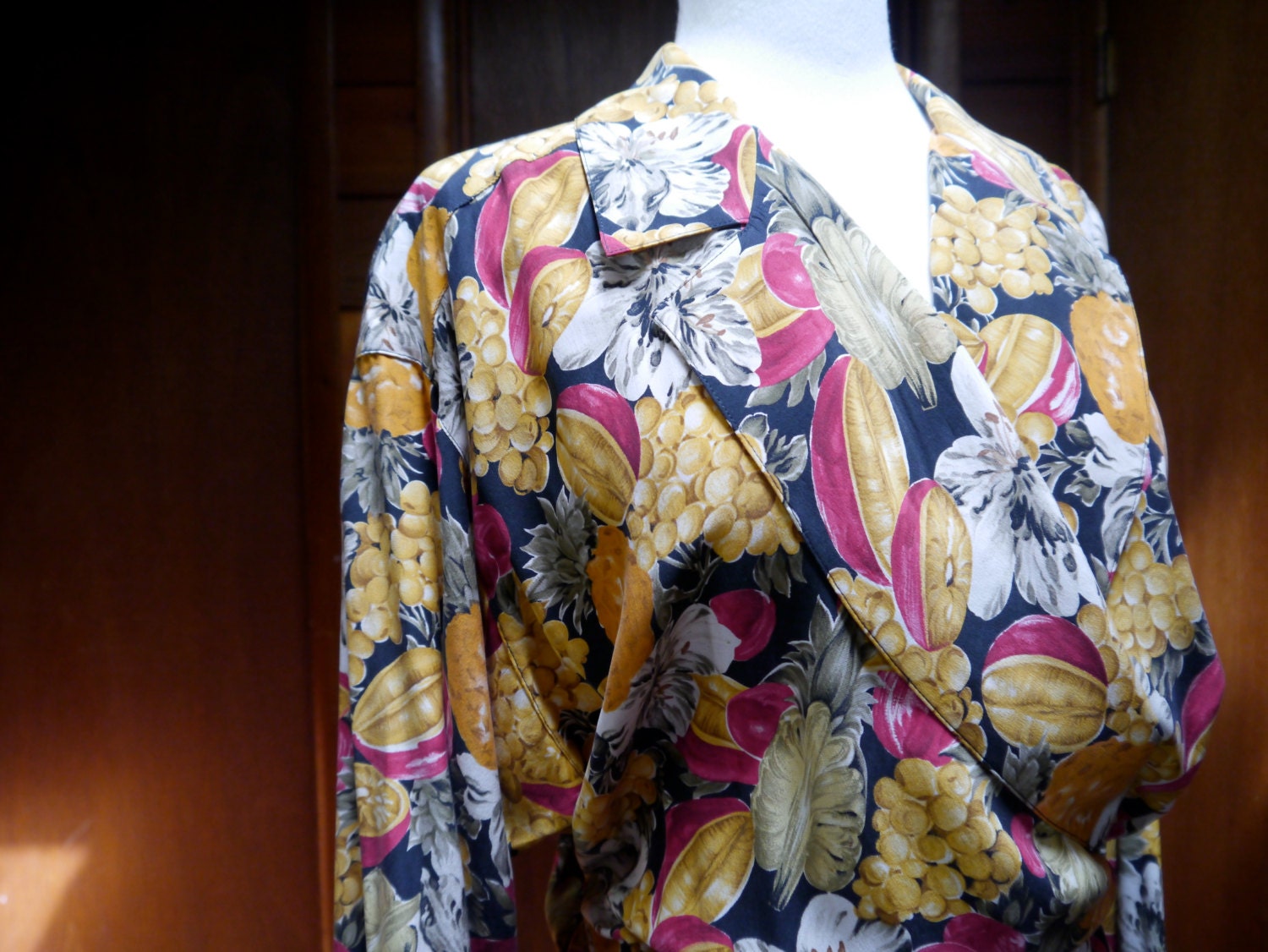 80s Liz Claiborne silk long sleeve vibrant fruit print wrap dress size M