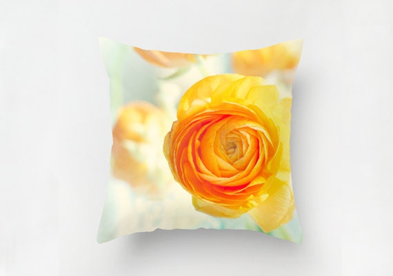 Decorative Orange Floral Pillow Cover 16"x16" or 18"x18" throw pillow fine art photography ranunculus orange and green flowers for her - semisweetstudios