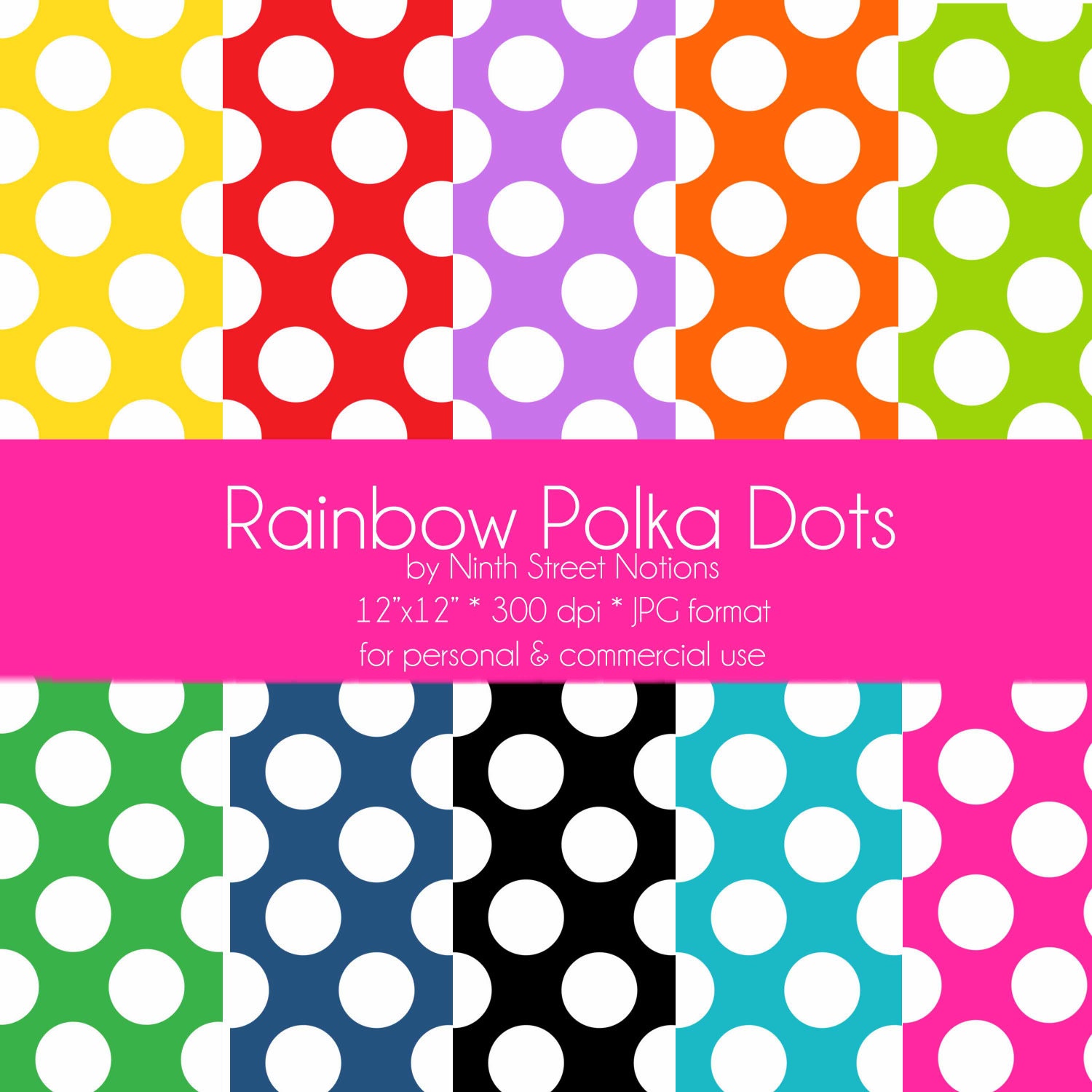 Rainbow Polka Dots Patterned Digital Scrapbook Papers 12x12 - for invitations, blog design, photographers