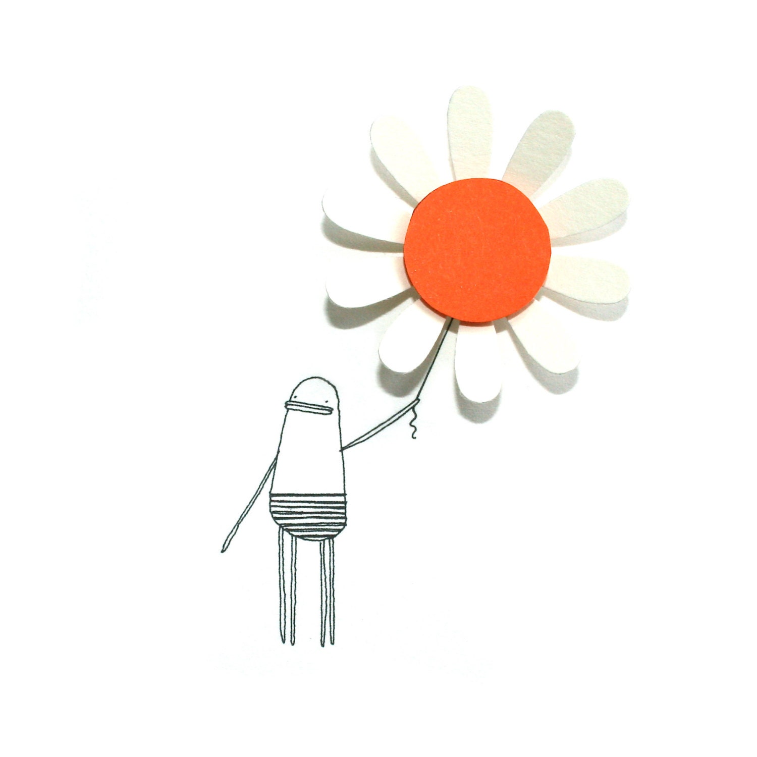 Daisy Greeting Card, Happy Birthday, Flower, Hand-Finished, Quirky Illustration of Poosac with Orange Daisy Embellishment